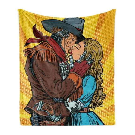 Western Soft Flannel Fleece Throw Blanket, Steampunk Robots Western Style Cowboy Kisses the Girl Illustration Print, Cozy Plush for Indoor and Outdoor Use, 70" x 90", Yellow and Brown, by Ambesonne