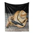 thumbnail image 1 of Western Soft Flannel Fleece Throw Blanket, Wild Cowboy Straw Hat and Rope on a Wooden Table, Cozy Plush for Indoor and Outdoor Use, 60" x 80", Ginger Camel, by Ambesonne, 1 of 5