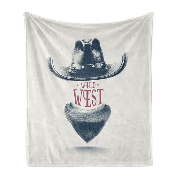 Western Soft Flannel Fleece Throw Blanket, Wild West Cowboy Hat and Scarf Vintage Colors American, Cozy Plush for Indoor and Outdoor Use, 60" x 80", Coconut Petrol Blue, by Ambesonne