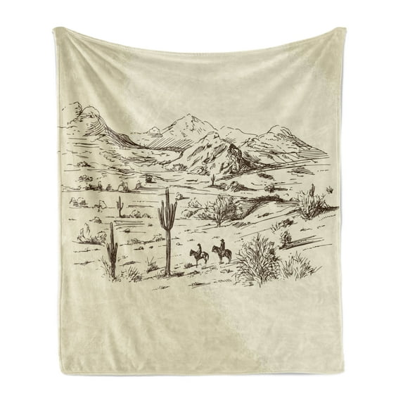 Western Soft Flannel Fleece Throw Blanket, Wild West Landscape Illustration Mountains Desert Plants Cowboys on Horses, Cozy Plush for Indoor and Outdoor Use, 60" x 80", Beige Black, by Ambesonne