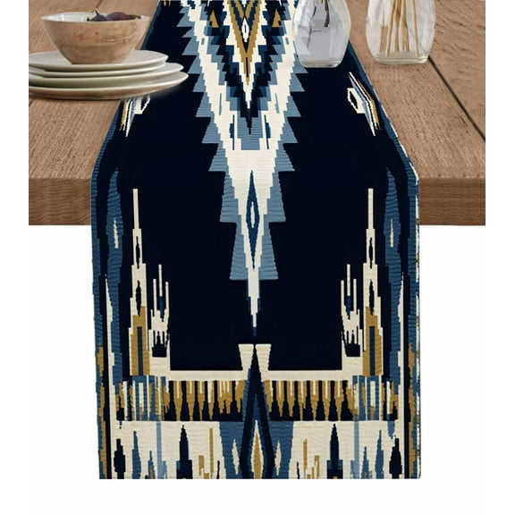 Western Southwest Table Runner-Cotton Linen- 120 Inch Holiday Dresser Scarves, Navy Blue Ethnic Abstract Boho Aztec Tablerunner for Kitchen Coffee/Dining Bedroom Living Room Dinner Scarf Décor 13x120