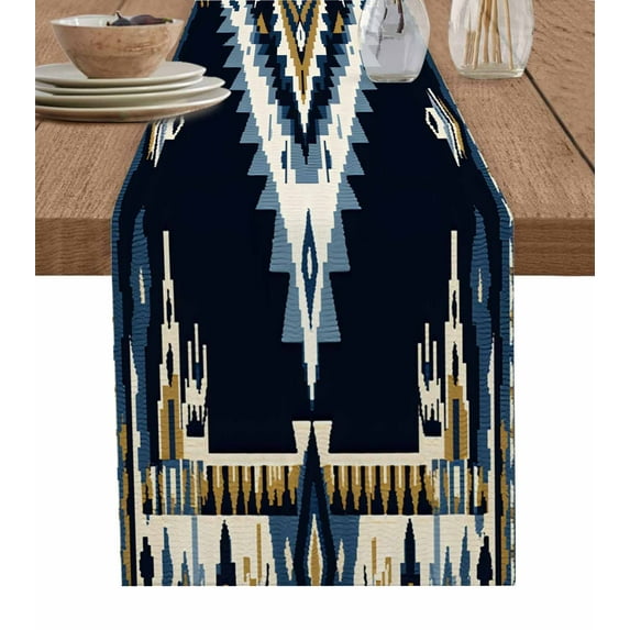 Western Southwest Table Runner-Cotton Linen- 60 Inch Holiday Dresser Scarves, Navy Blue Ethnic Abstract Boho Aztec Tablerunner for Kitchen Coffee/Dining Bedroom Living Room Dinner Scarf Décor 13x60