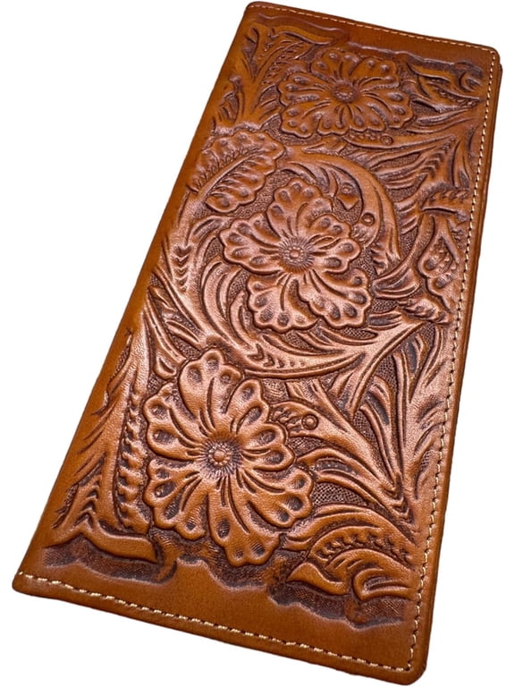 Leather Long Wallet Floral Embossed Bi Fold Tooled Soft Leather Checkbook Style Cowboy Hand Crafted High End Mens Wallets Leather Gifts For Men (Black)