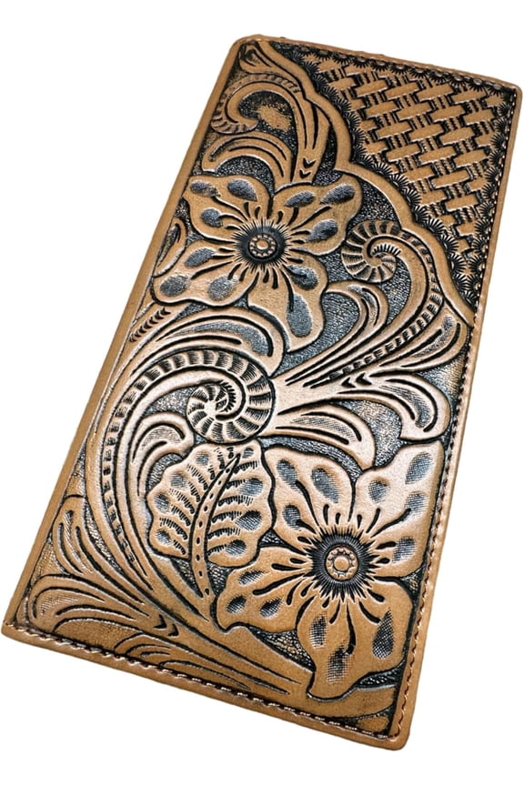 Leather Long Wallet Floral Embossed Bi Fold Tooled Soft Leather Checkbook Style Cowboy Hand Crafted High End Mens Wallets Leather Gifts For Men (Tan)