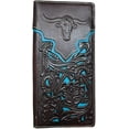 thumbnail image 1 of Western Stakes Leather Long Wallet Floral Embossed Longhorn Soft Leather Checkbook Style Cowboy Hand Crafted High End Mens Wallets Leather Rodeo Bi Fold Tooled Leather Gifts For Men (Coffee & Teal), 1 of 5