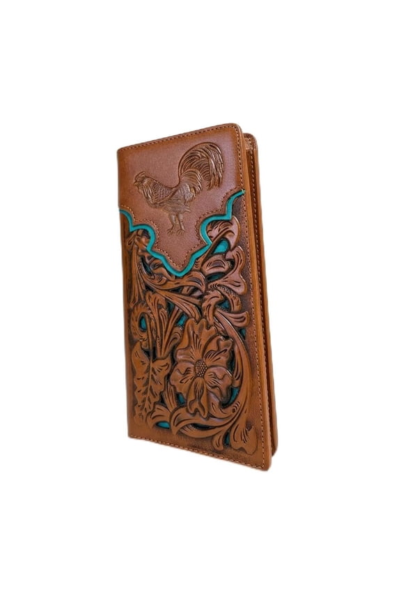 Long Leather Wallet - Embossed Rooster Design - Laser Cut Floral Pattern - Bi-Fold Western Wallet for Men - Ranch Style Rodeo Leather Wallet Y101