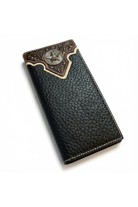 Long Leather Wallet - Lone Star Concho - Tooled Inlay - Bi-Fold Rodeo Wallet for Men - Genuine Western Leather Wallet A101