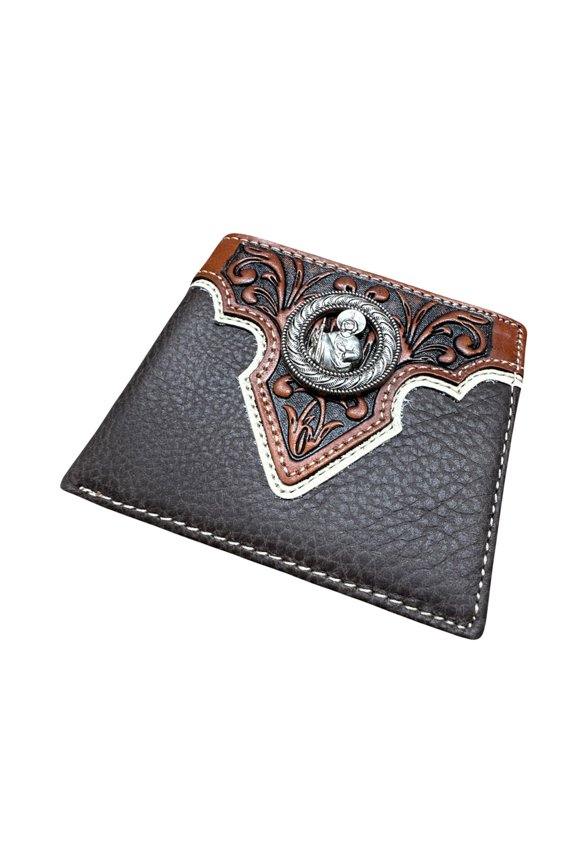 Mens Leather Short Wallet - Saint Jude Concho with Tooled Inlay - Western Christian Wallet for Cowboys, Ranchers & Faith-Based Gift Ideas A101