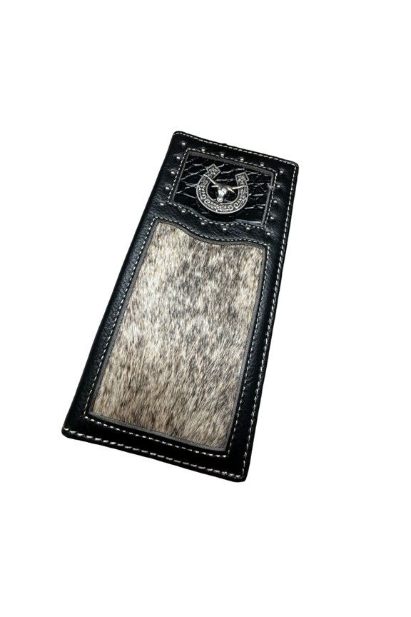 Mens Long Leather Wallet - Hand Tooled Brown Rodeo Bifold with Hair-On Cowhide and Silver Longhorn Concho - Western Checkbook Wallet for Cowboys & Ranch Gifts A101