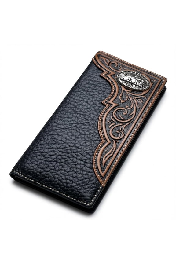 Mens Long Leather Wallet - Tooled Inlay with Cowboy Praying at Cross Concho - Christian Western Bifold Checkbook Wallet for Cowboys, Ranchers & Faith Gifts A101