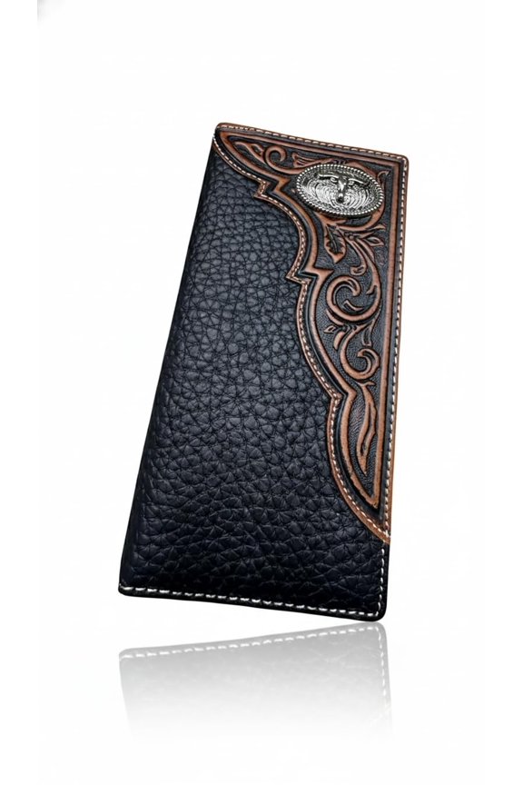 Mens Long Leather Wallet - Tooled Inlay with Longhorn Concho - Western Bifold Checkbook Wallet for Cowboys, Ranchers & Texas Cattlemen A101