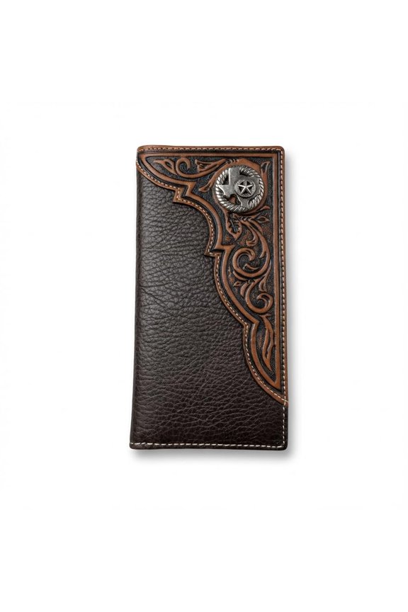 Mens Long Leather Wallet - Tooled Inlay with Texas State and Star Concho - Western Cowboy Bifold Checkbook Wallet for Texans, Ranchers & Rodeo Gift Ideas A101