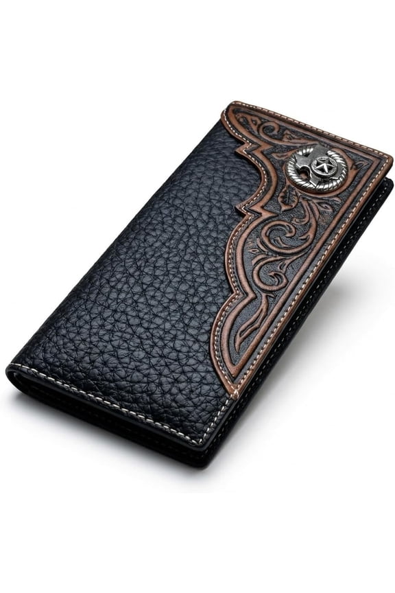 Men's Long Leather Wallet - Western Tooled Bifold Checkbook Organizer with Cowboy Concho (Texas Seal, Black) A101