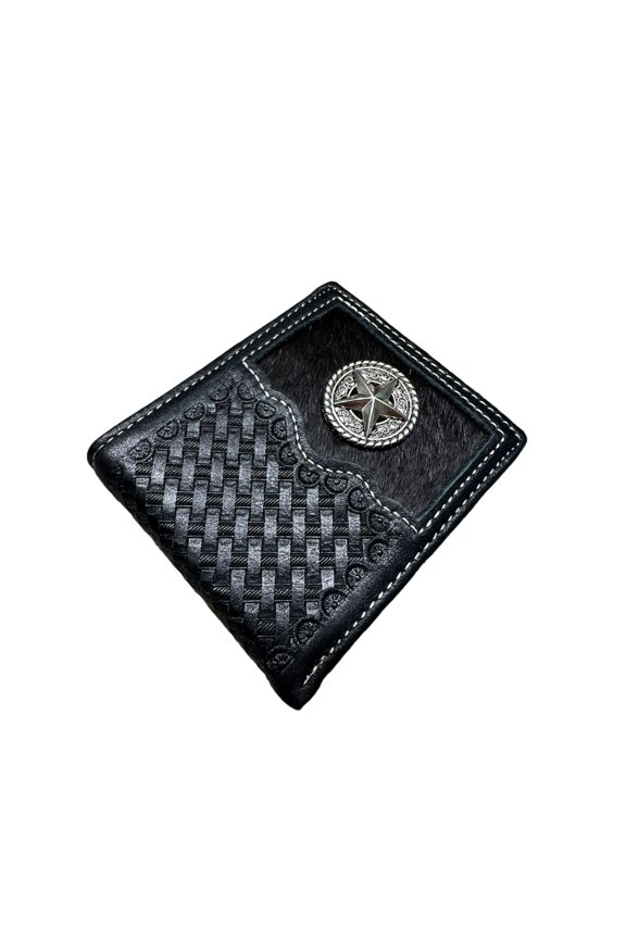 Mens Short Leather Wallet - Hair-On Cowhide Bifold with Lone Star Concho and Basketweave Tooled Leather - Western Cowboy Wallet for Ranchers & Texas Gift Ideas A101