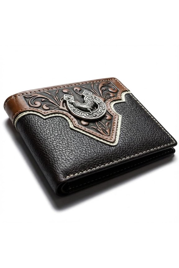Mens Short Leather Wallet - Hand Tooled Design with Horseshoe Rooster Concho - Western Cowboy Bifold Wallet for Ranchers, Farmers & Rodeo Gifts A101