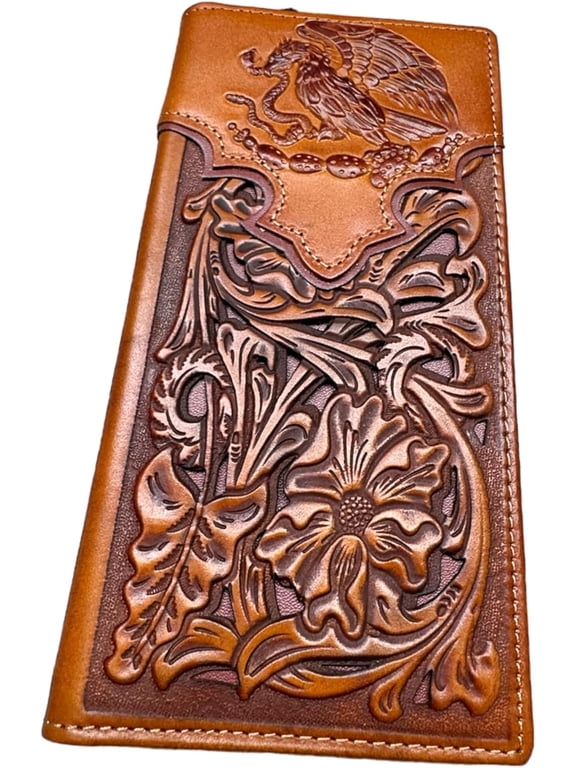 Mens Coat Of Arms Of Mexico Western Leather Long Wallet Floral Cutout Golden Eagle Snake Layered Checkbook Style Mens Wallets Leather Bull Rider Rodeo Gifts For Men (Brown & Teal)