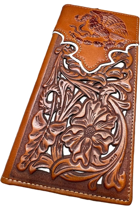 Mens Coat Of Arms Of Mexico Western Leather Long Wallet Floral Cutout Golden Eagle Snake Layered Checkbook Style Mens Wallets Leather Bull Rider Rodeo Gifts For Men (Brown & White)