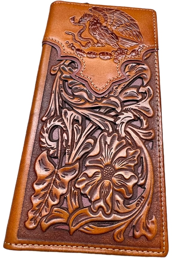 Mens Coat Of Arms Of Mexico Western Leather Long Wallet Floral Cutout Golden Eagle Snake Layered Checkbook Style Mens Wallets Leather Bull Rider Rodeo Gifts For Men (Black & White)