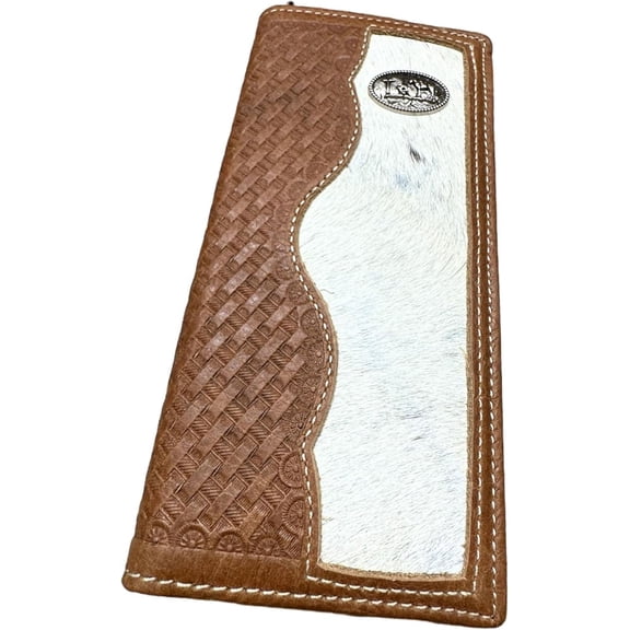 Western Stakes Mens Leather Long Wallet Basketweave Tooled Cow Hair Cowboy Praying Small Concho Checkbook Style Cowboy Hand Crafted High End Mens Wallets Leather Gifts For Men (Brown)