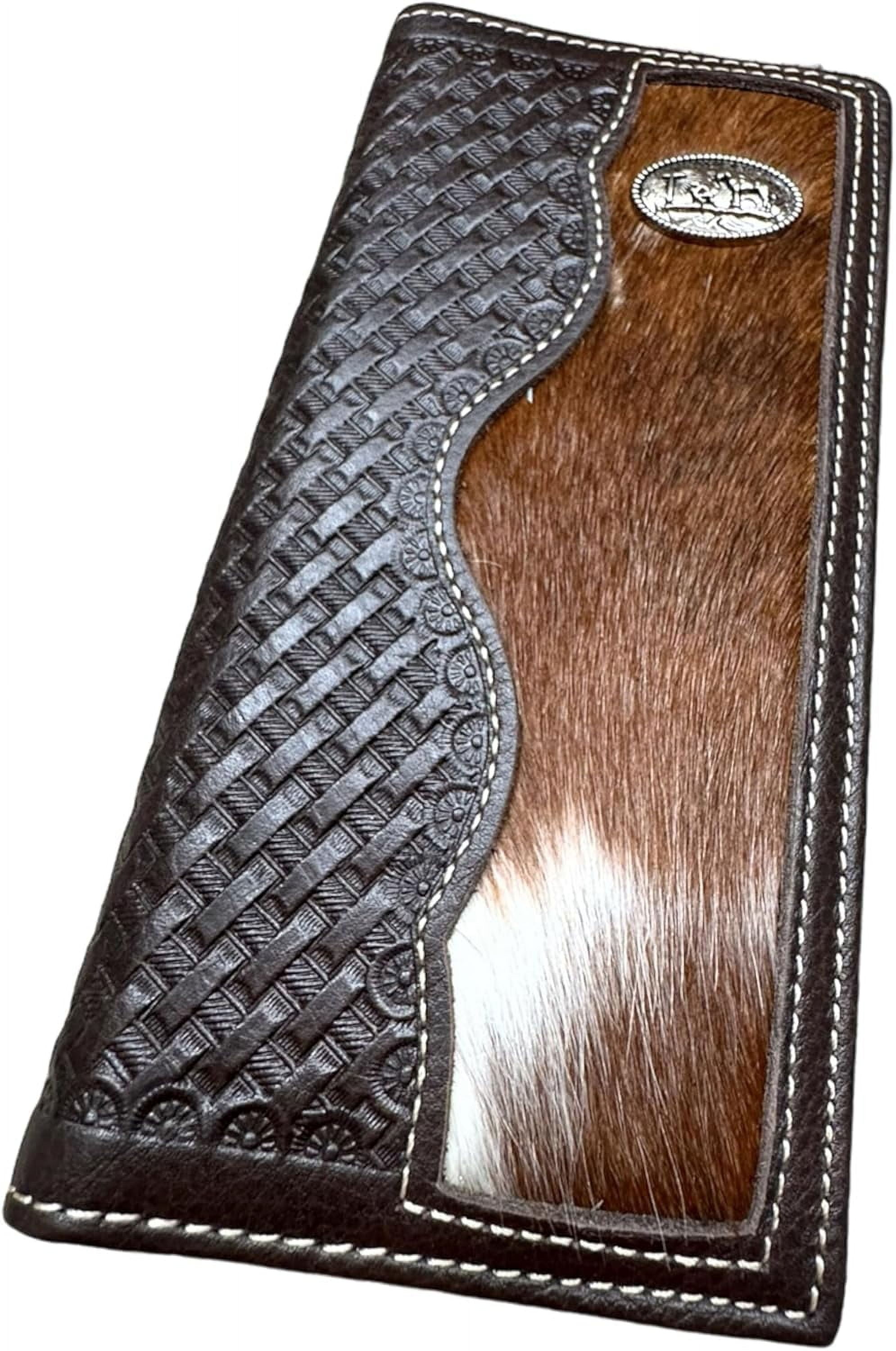 Western Stakes Mens Leather Long Wallet Basketweave Tooled Cow Hair ...