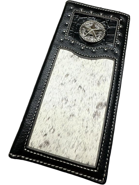 Mens Leather Long Wallet Lone Star Concho Bifold Soft Leather Cow Hair Checkbook Style Cowboy Hand Crafted High End Mens Wallets Leather Gifts For Men (Brown)