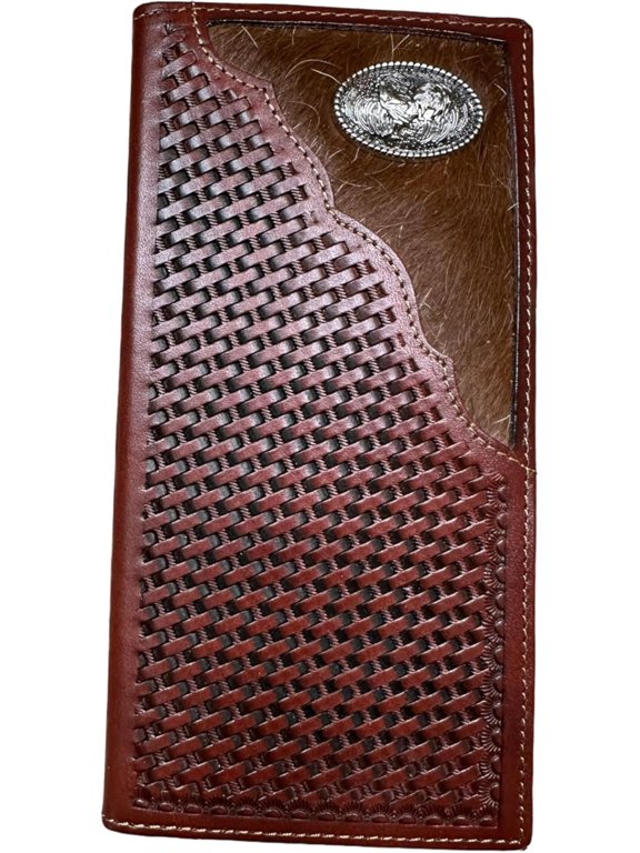 Mens Long Wallet Basketweave Tooled Cow Hair Leather Rooster Concho Checkbook Style Cowboy Hand Crafted High End Mens Wallets Leather Gifts For Men (Brown)