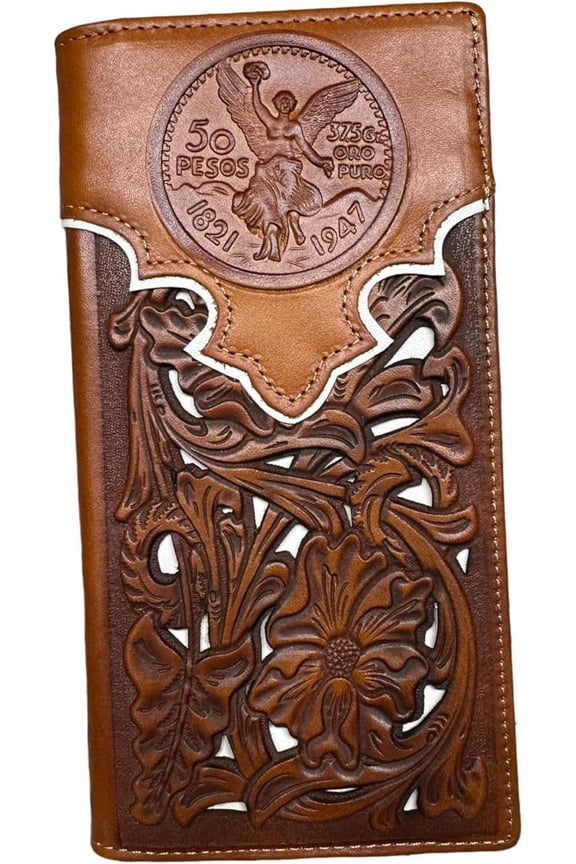 Mexican 50 Peso Embossed Leather Long Wallet Floral Cutout Layered Checkbook Style Cowboy Hand Crafted High End Mens Wallets Leather Gifts For Men (Brown & White)