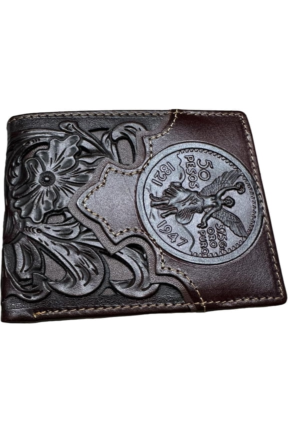 Mexican 50 Peso Embossed Leather Wallet Floral Cutout Layered Bi Fold Style Cowboy Hand Crafted High End Cowboy Rodeo Style Mens (Coffee & Coffee)