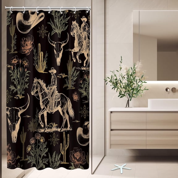 Western Stall Small Shower Curtain 36Wx72L Inch Cowboy Cactus Desert Cow Skull Bull Horse Country Rustic Farmhouse Artwork Cloth Fabric Waterproof Polyester Bathroom Decor Set with 7 Pack Hook