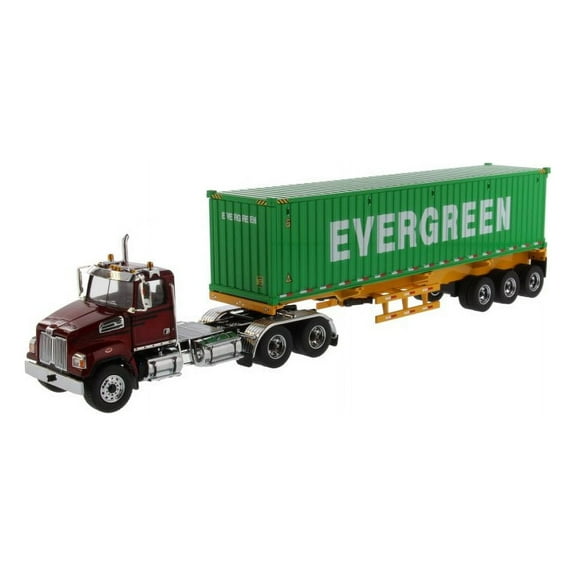 Western Star 4700 SB Tandem Cab Truck Tractor with Skeleton Trailer and 40' Evergreen Shipping Dry Goods Sea Container, Red and Green - Diecast Masters 71049 - 1/50 scale Replica