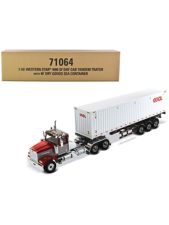 Western Star 4900 SF Tandem Day Cab Truck Tractor Red and Gray with 40' Dry Goods Sea Container "OOCL" White "Transport Series" 1/50 Diecast Model by Diecast Masters