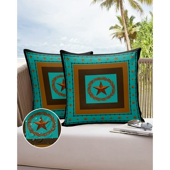 Western Star with Barb Wire Wheat Outdoor Pillow Covers Waterproof Throw Pillow Cover 18x18in Set of 2,Square Decorative Pillowcases Cushion Case for Patio Sofa Couch,Farm Rustic Teal Brown Black