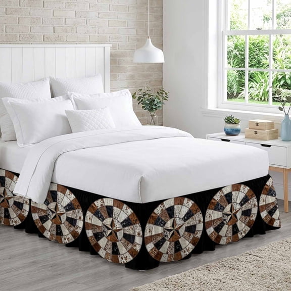 Western Star Bed Skirt Queen Size 16 Inch Drop, Rustic Farmhouse Brown Cream Black Country Star Fur Style Adjustable Elastic Dust Ruffles Bedskirt for Queen Bed Wrap Around Pleated Mattress Cover