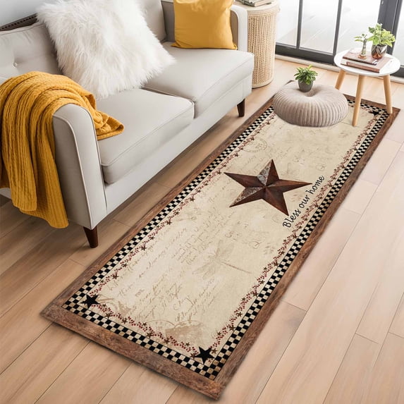 Western Star Brown 2'x6' Runner Rugs for Hallway Kitchen Bedside Non Slip, Texas Stars Retro Farmhouse Buffalo Plaid Entryway Rug Runners with Rubber Backing, Long Carpet Runner for Laundry Room