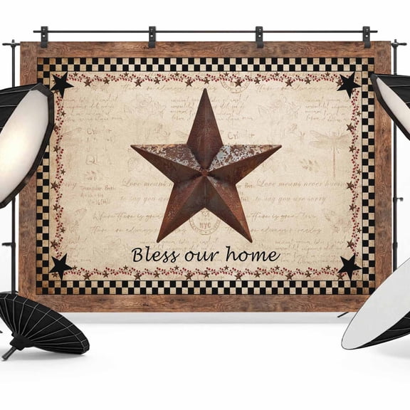 Western Star Brown Backdrop for Photoshoot,Photography Photo Studio Background Wall Backdrop,Texas Stars Retro Farmhouse Buffalo Plaid Back Drop Banner Panel for Portraits Wedding Party 7x5Ft