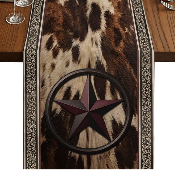 Western Star Brown Burlap Cotton Table Runner 13x36 Inches Short, Animal Fur Print Abstract Art Farmhouse Table Runners, Outdoor Dining Tablecloths Decor for Baby Shower/Party/Wedding