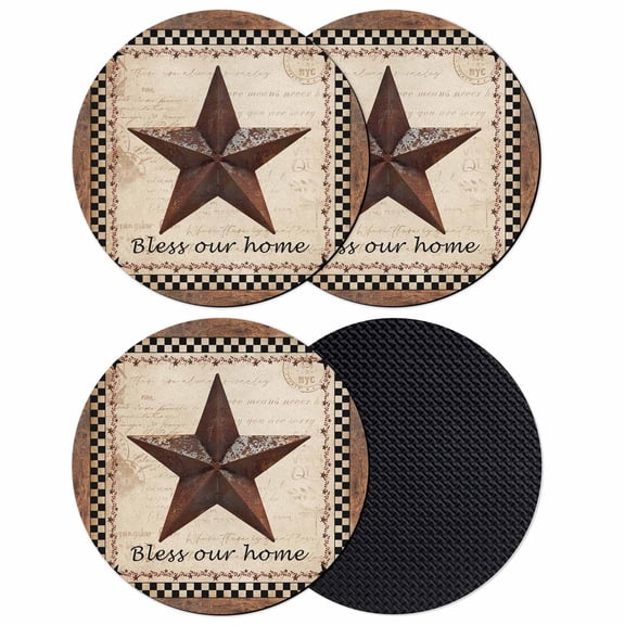 Western Star Brown Coasters Set of 4, Absorbent Coasters for Drinks, Texas Stars Retro Farmhouse Buffalo Plaid Coaster for Desk Coffee Table Protection, Home Decor House Warming Gifts 4"