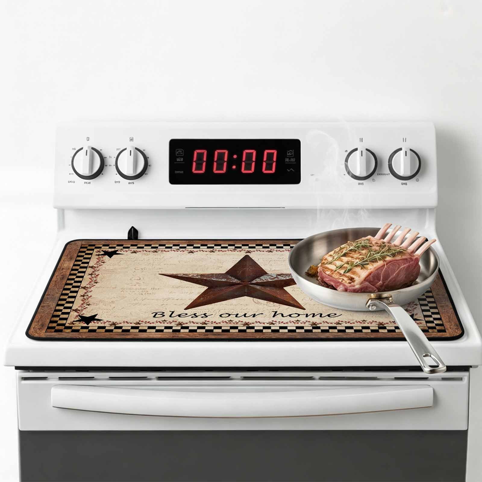 Western Star Brown Stove Top Cover for Electric Stove, Heat-proof & Non Slip Glass Top Stove Cover Protector, Texas Stars Retro Farmhouse Buffalo Plaid Kitchen Flat Cooktop Rubber Mat 24x21 Inches