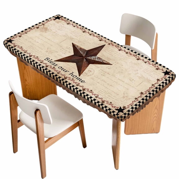 Western Star Brown Table Cloths for 4 Foot Rectangle Tables, Texas Stars Retro Farmhouse Buffalo Plaid Patio Waterproof Elastic Fitted Tablecloths, Washable Rectangular Table Cover for Camping