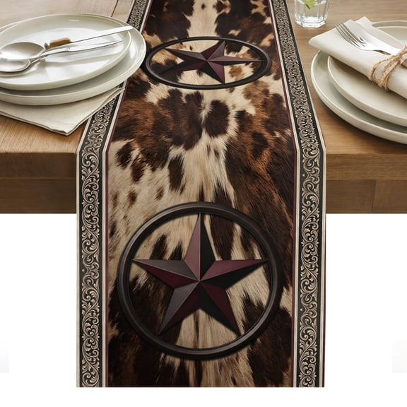 Western Star Brown Table Runner Animal Fur Print Abstract Art Tablerunners 13 x 36 Inch, Table Decorations Tabletop Scarf for Summer Gathering Holiday Farmhouse Kitchen Dining Decor