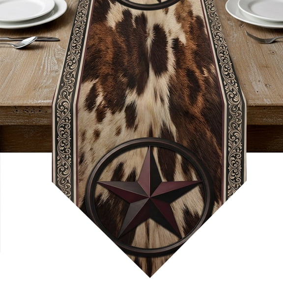 Western Star Brown Table Runner Linen Burlap Table Runner 36 Inches Small Animal Fur Print Abstract Art Dresser Scarves for Kitchen Island Coffee Dining Room Party Wedding Holiday Decor 13"x36"