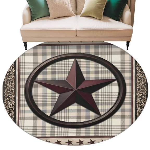 Western Star Brown Washable Round Rug 6ft Area Rug for Living Room, Soft Large Non-Slip Circle Dining Room Rugs Farmhouse Geometric Checkered Carpet for Bedroom Entryway Classroom Dorm