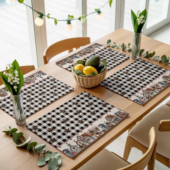 Western Star Buffalo Check Placemats Set of 4,Wipeable Washable Table Mats for Dining Tables, Vintage Country Cottage Place Mats for Kitchen Event Party Tabletop Decor