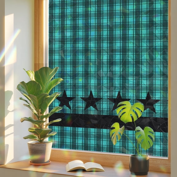 Western Star Buffalo Check Plaid Window Privacy Film, Rainbow Film Decorative Window Sticker 17.7x39.3in, Green Black Checker Sun Blocking Static Stained Glass Cling Tint Non-Adhesive
