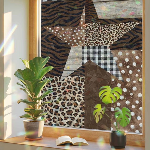 Western Star Collage Window Privacy Film, Rainbow Film Decorative Window Sticker 17.7x39.3in, Leopard Black Plaid Tiger Stripe Sun Blocking Static Stained Glass Cling Tint Non-Adhesive