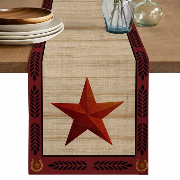 Western Star Country Table Runner, Red Stars Black Wheat Ear Border Washable Cotton Linen Table Runners 36 Inches Long, Dresser Scarf Runner for Nightstand/End Tables/Round Tables 13''x36''