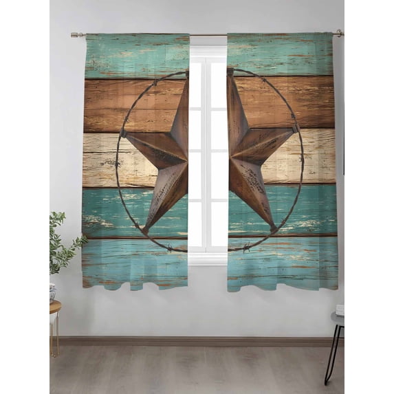 Western Star Country Texas Chiffon Sheer Curtains 72 Inches Long, Farm Vintage Wood Board 2 Rod Pocket Window Treatment Voile Drapes Curtains for Living Room Bedroom,2 Panels, 52x72In