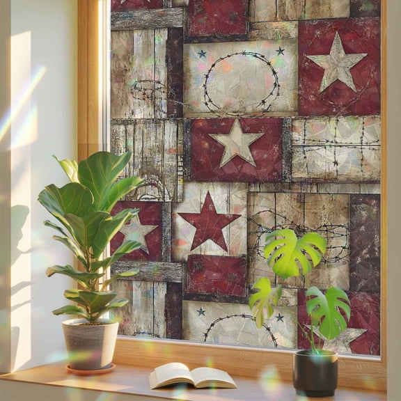 Western Star Farm Retro Wood Board Window Privacy Film, Rainbow Film Decorative Window Sticker 17.7x39.3in, Country Farmhouse Sun Blocking Static Stained Glass Cling Tint Non-Adhesive