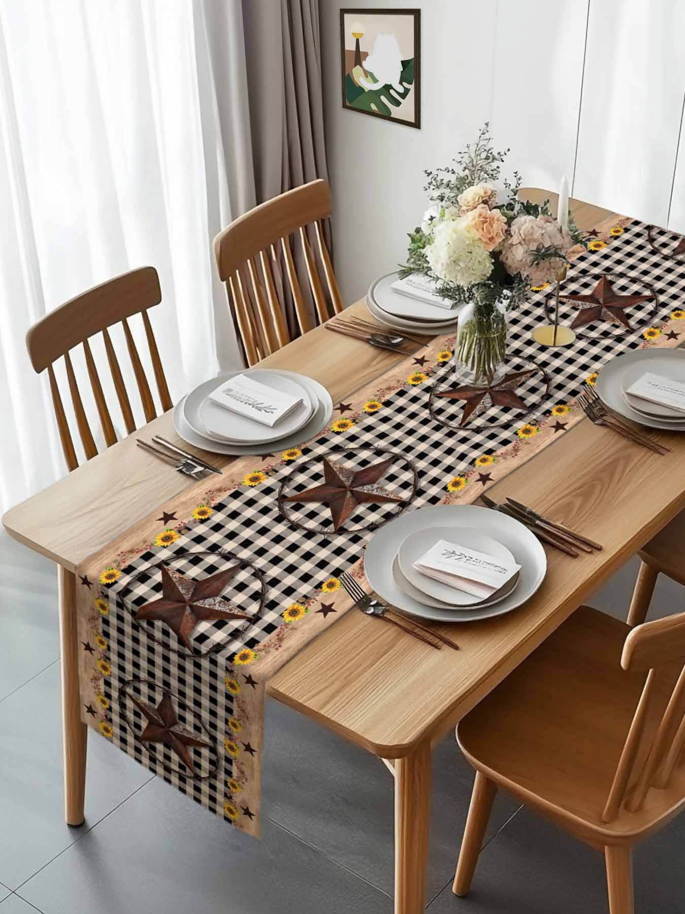 Western Star Farm Sunflower Table Runner 90 Inches Long, Vintage Wood Grain Black Buffalo Plaid Table Runners Tabletop Scarf Kitchen Dining Tables Decoration for Home Party Indoor Outdoor