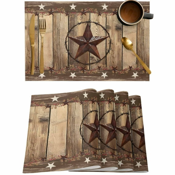 Western Star Farm Texas Placemats Set of 4,Wipeable Washable Table Mats for Dining Tables,Vintage Brown Wood Board Place Mats for Kitchen Event Party Tabletop Decor